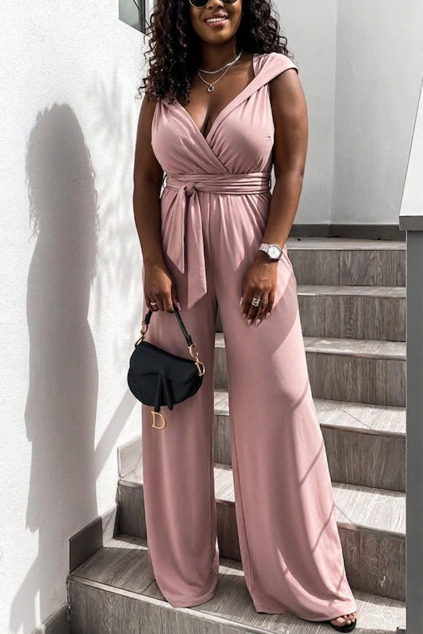 Tessa - Solid Color Slim V Neck Lace Up Sleeveless Jumpsuit - Plus size model