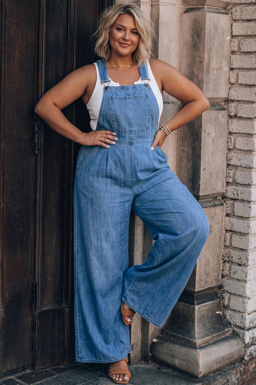 Zara - Fashion Casual Solid Pocket Spaghetti Strap Loose Jumpsuits - Plus size model