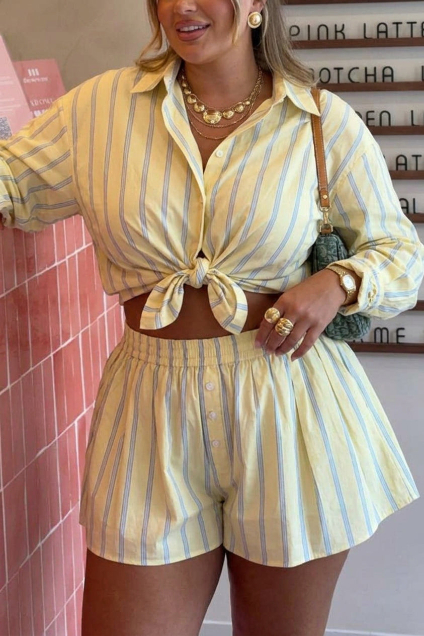 Ariella - Yellow & Blue Striped Cropped Shirt + High-Waisted A-Line Skirt Set - Plus size model