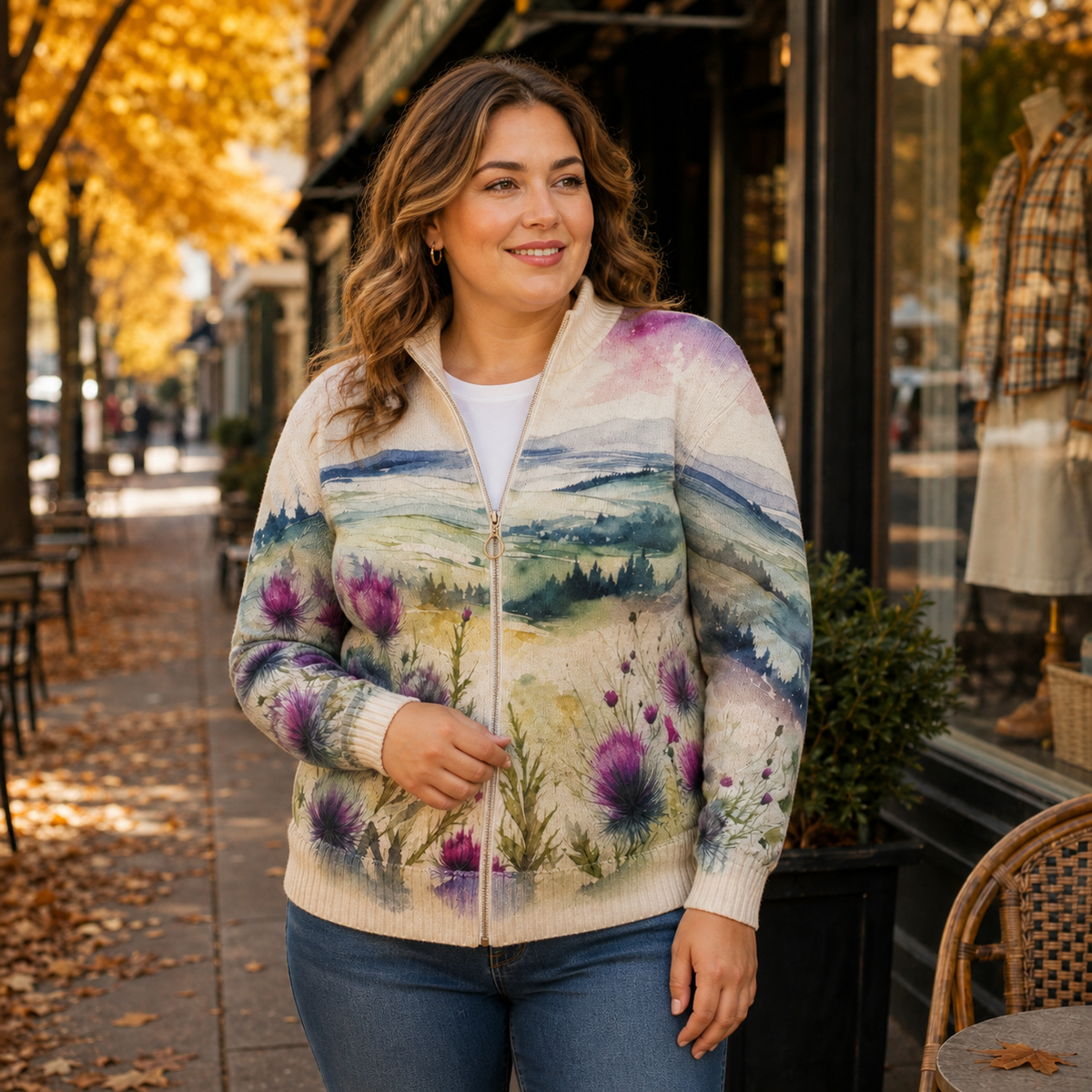 Linda | Artistic Zip Cardigan - Plus size model