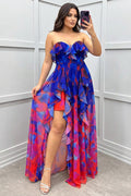 Georgia - Off-the-shoulder maxi dress with color gradient, print, flounces and slit - Plus size model