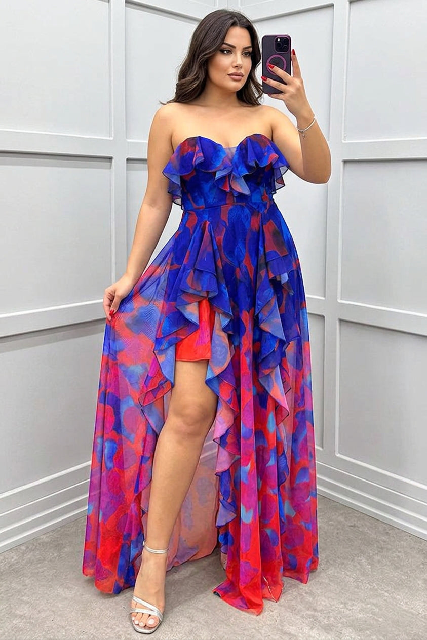 Georgia - Off-the-shoulder maxi dress with color gradient, print, flounces and slit - Plus size model
