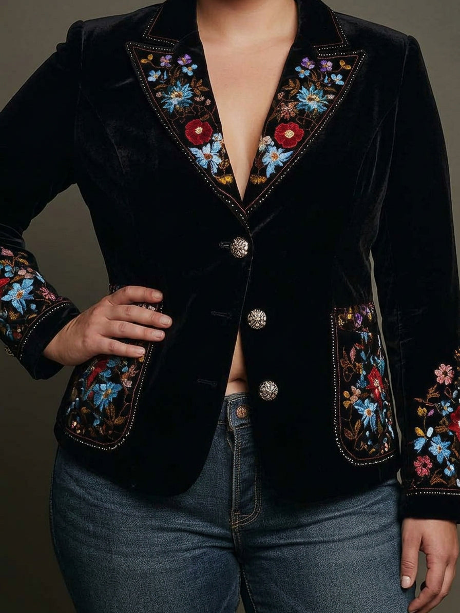 Women’s Colorful Floral Embroidered Blazer - Plus size model