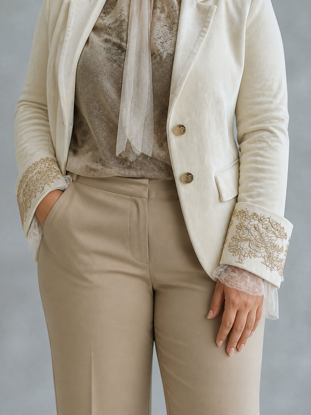 Women’s Ivory Embroidered Tailored Blazer - Plus size model