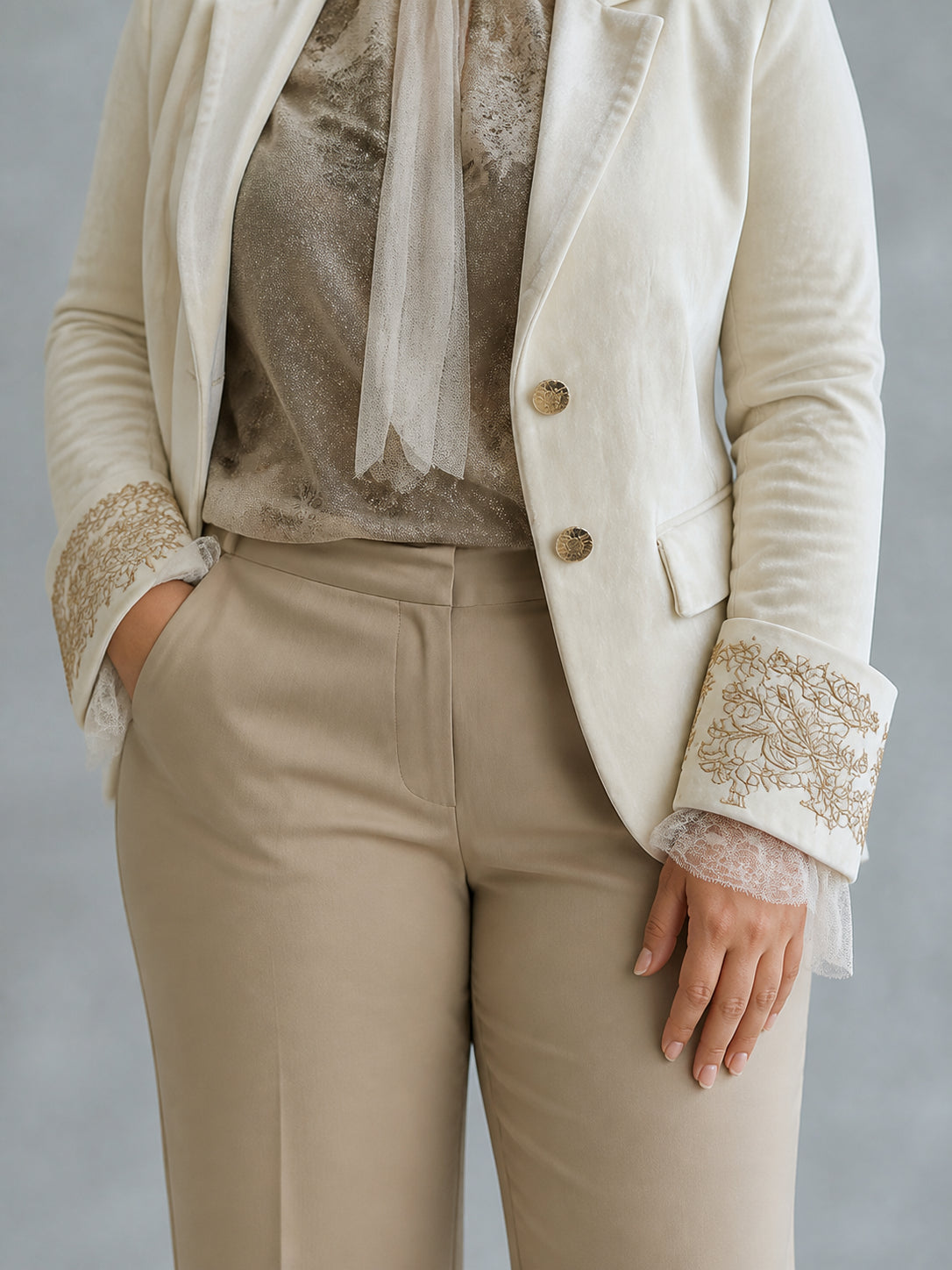 Women’s Ivory Embroidered Tailored Blazer - Plus size model