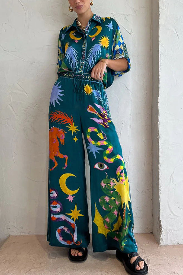 Pierson - Linen Blend Unique Print Elastic Waist Pocketed Wide Leg Pants