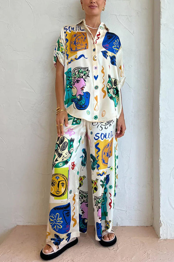 Alexis - Meralda Unique Print Elastic Waist Pocketed Wide Leg Pants