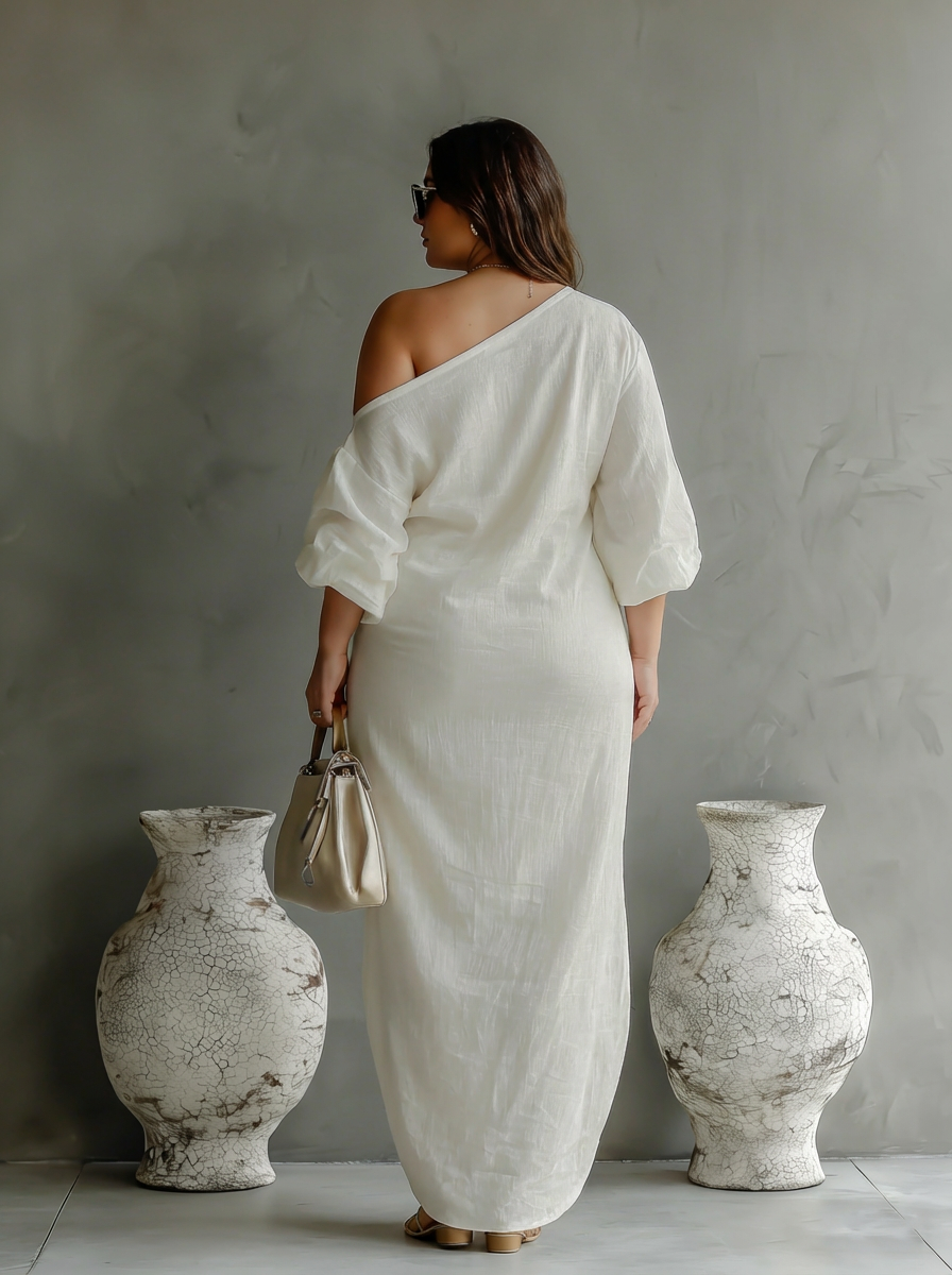 Elegant Flowing Dress in Ivory White with Off-Shoulder - Plus size model