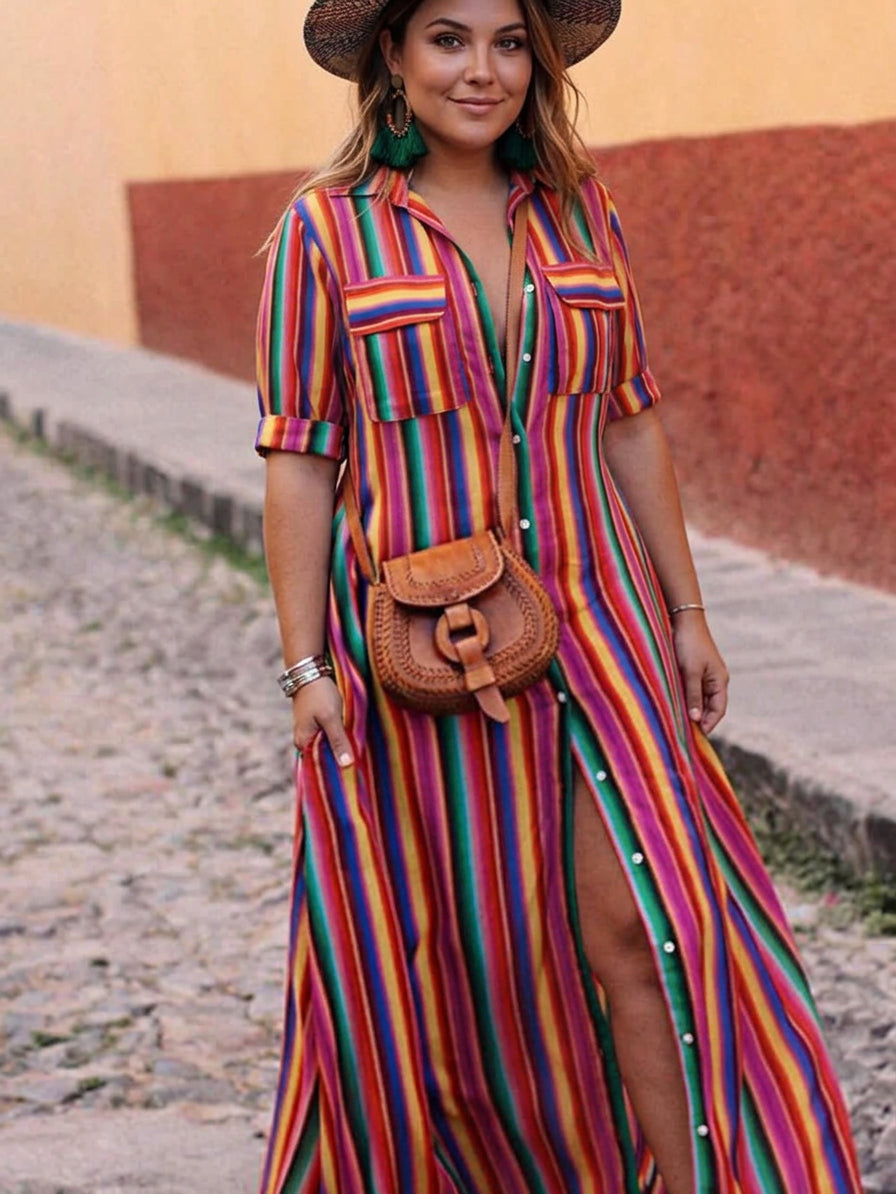 Nancy | Summer Casual Striped Printed Shirt Maxi Skirt - Plus size model