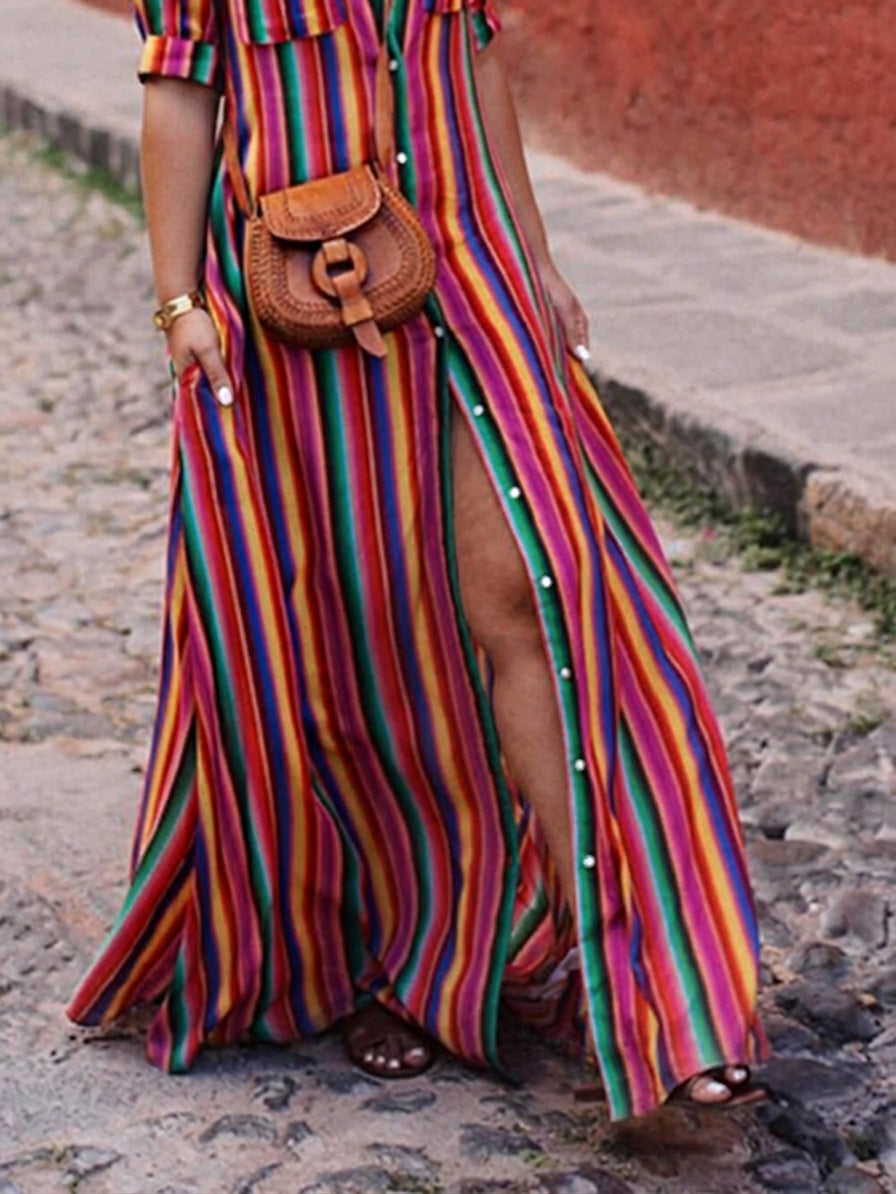 Nancy | Summer Casual Striped Printed Shirt Maxi Skirt - Plus size model