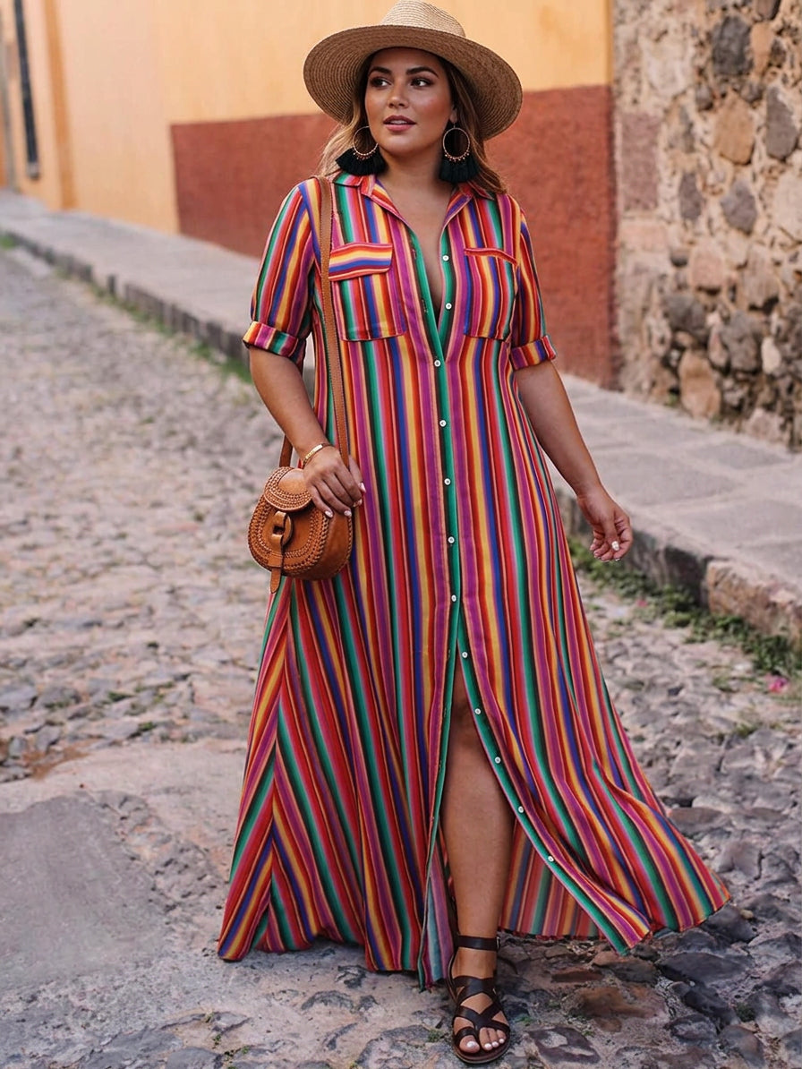 Nancy | Summer Casual Striped Printed Shirt Maxi Skirt - Plus size model