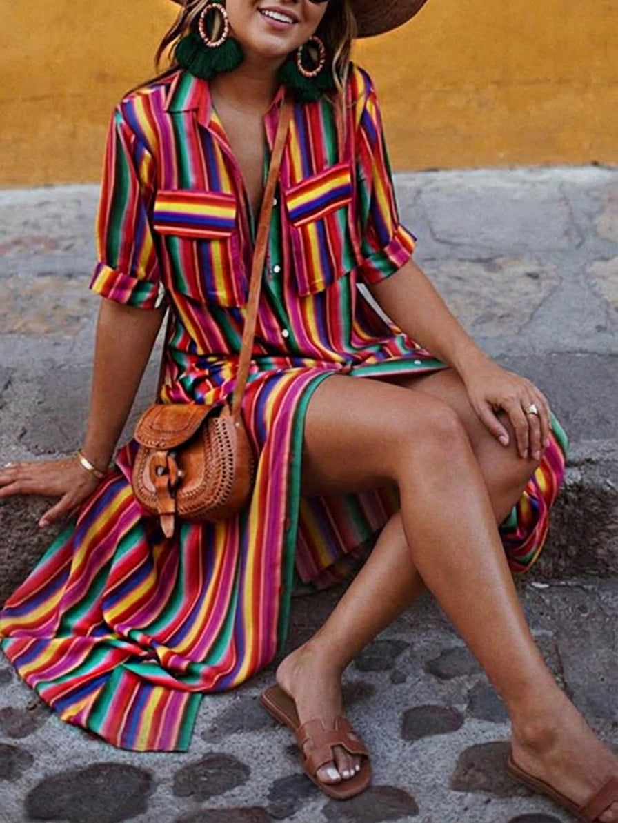 Nancy | Summer Casual Striped Printed Shirt Maxi Skirt - Plus size model