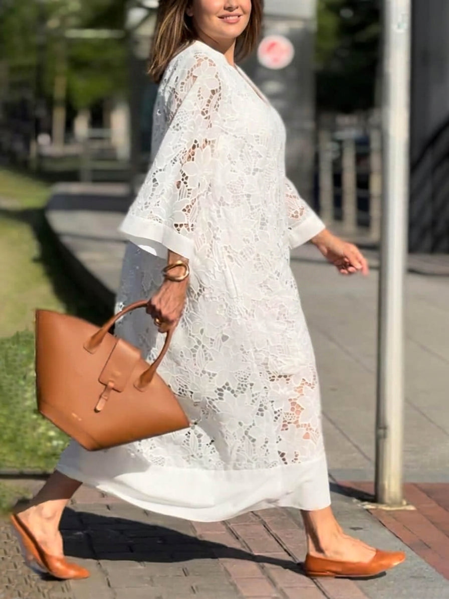 Willow | Beach Glam Flower V-Neck Midi Dress - Plus size model