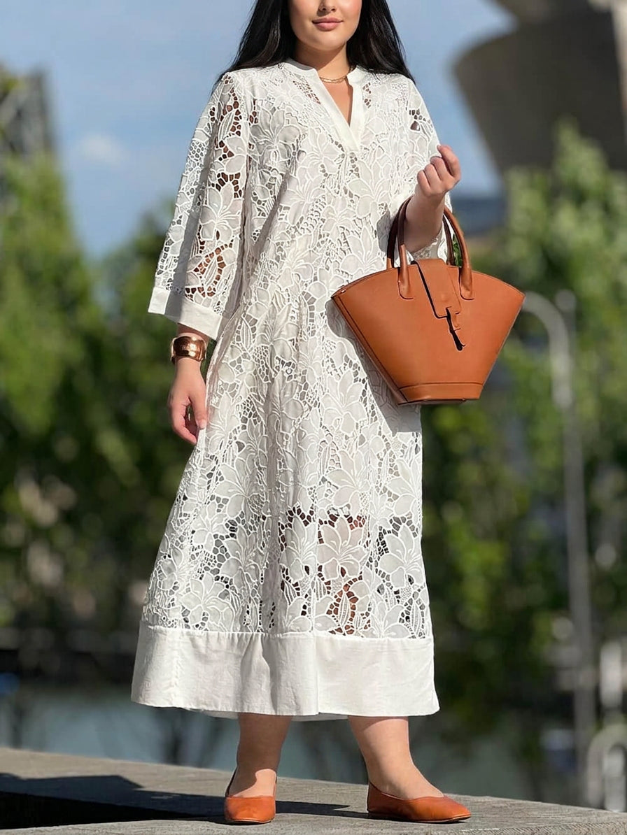 Willow | Beach Glam Flower V-Neck Midi Dress - Plus size model