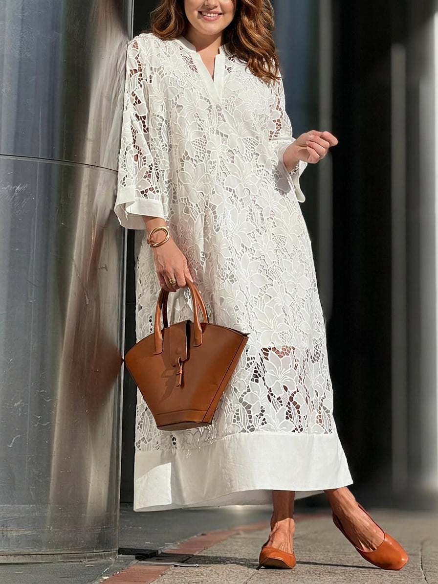 Willow | Beach Glam Flower V-Neck Midi Dress - Plus size model