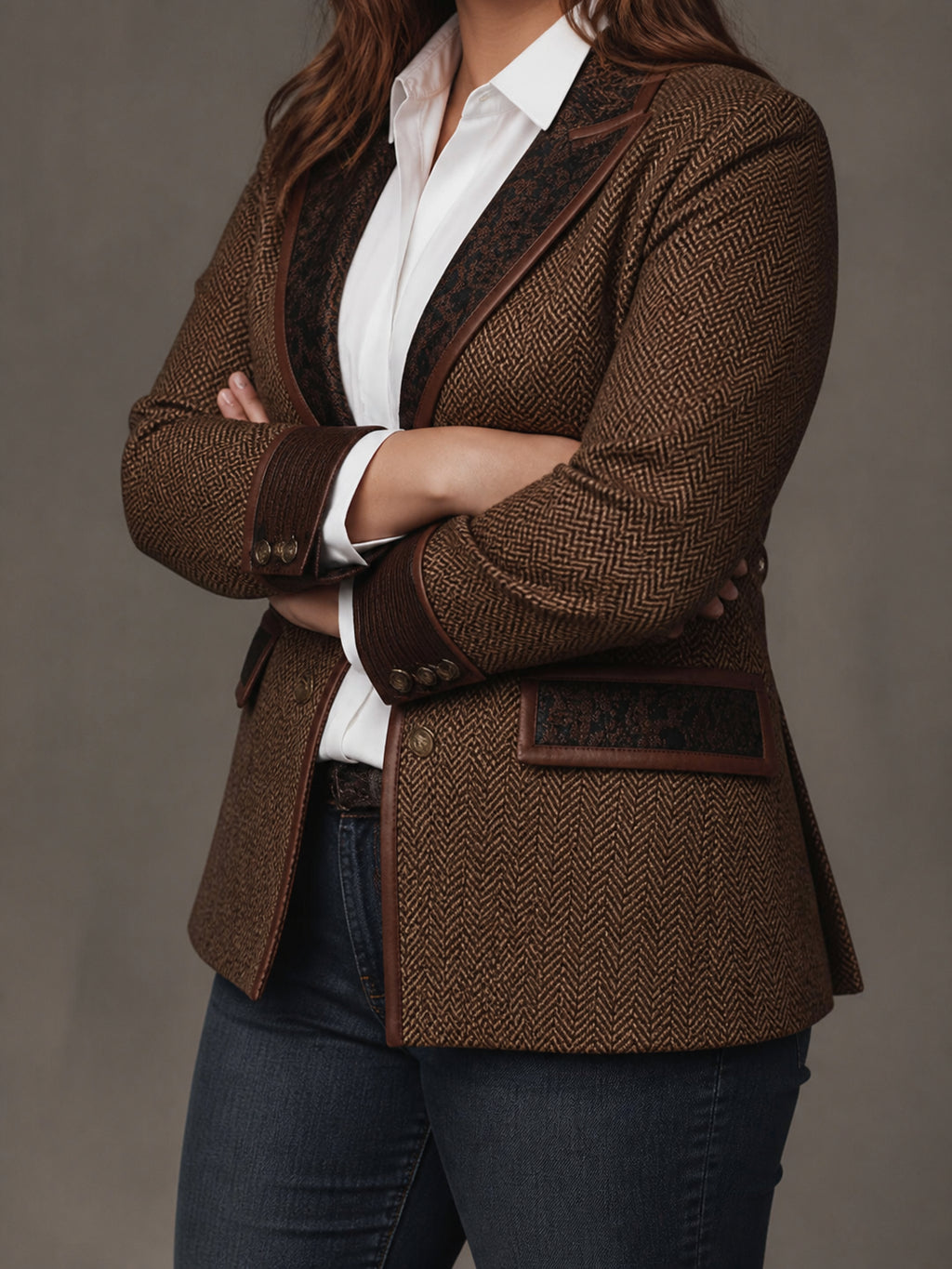 Women's Herringbone Printed Panel Blazer - Plus size model