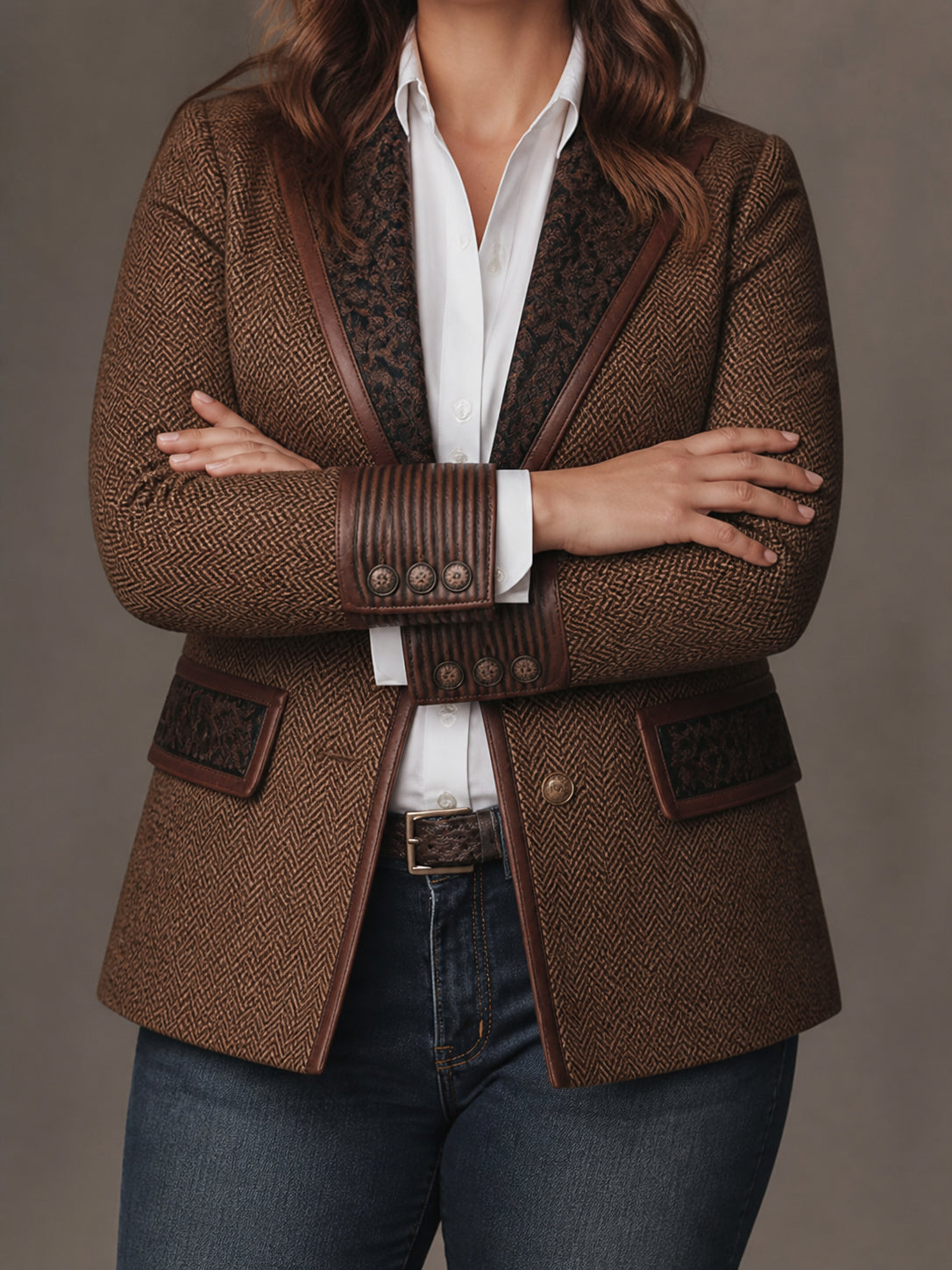 Women's Herringbone Printed Panel Blazer - Plus size model