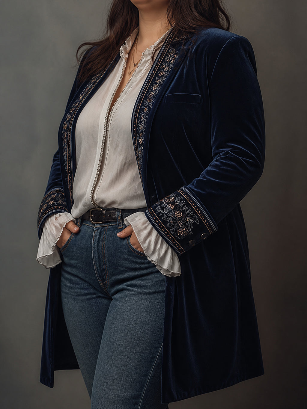 Women’s Vintage Navy Embroidered Longline Jacket - Plus size model