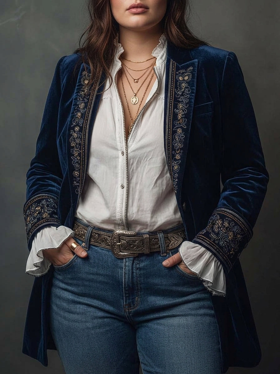 Women’s Vintage Navy Embroidered Longline Jacket - Plus size model