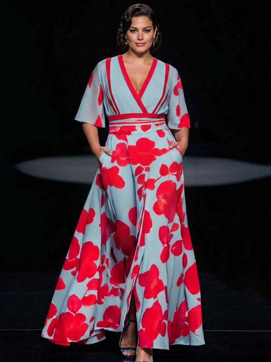 Lea | Seaside Glam Elegant Mid Sleeve Maxi Dress Ensemble - Plus size model