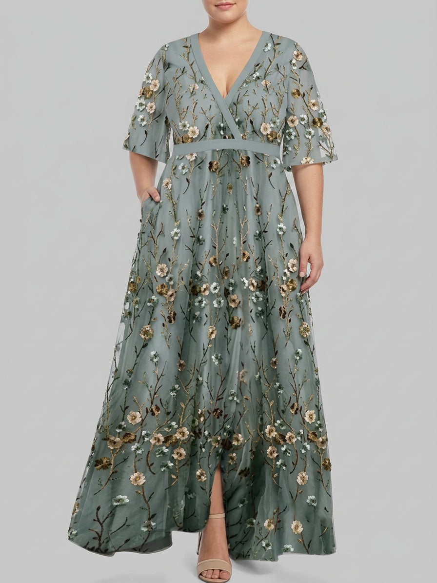 Lea | Seaside Glam Elegant Mid Sleeve Maxi Dress Ensemble - Plus size model