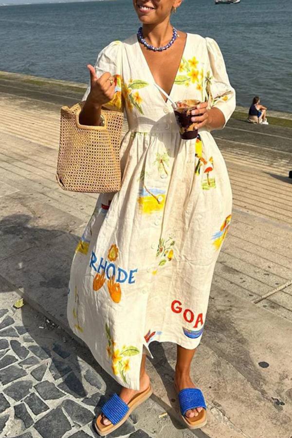 Haley - Printed Linen Midi Dress