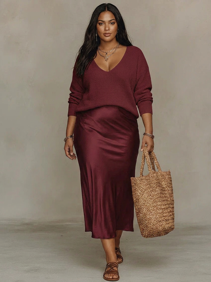 Alessia – Elegant Satin Midi Dress - Plus size model