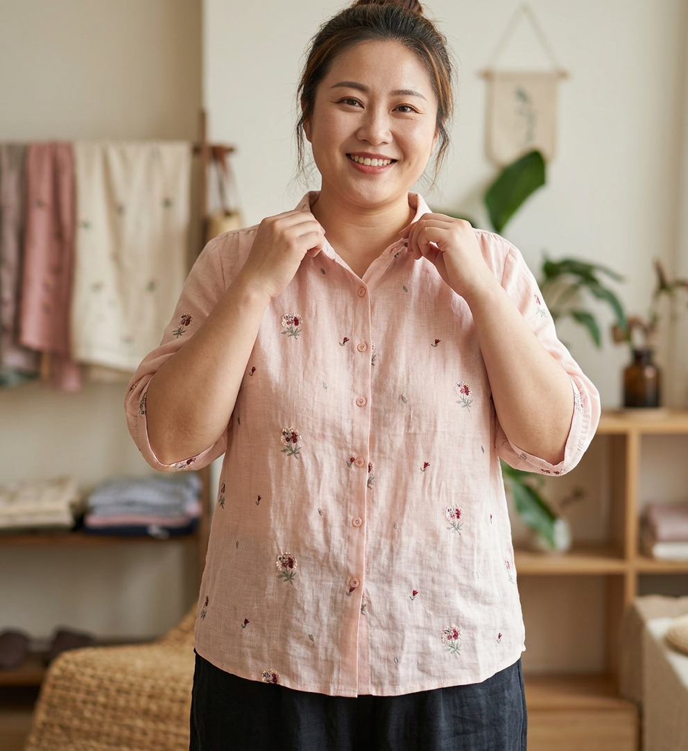Chloe - Cotton Floral Embroidered Comfortable Shirt - Plus size model