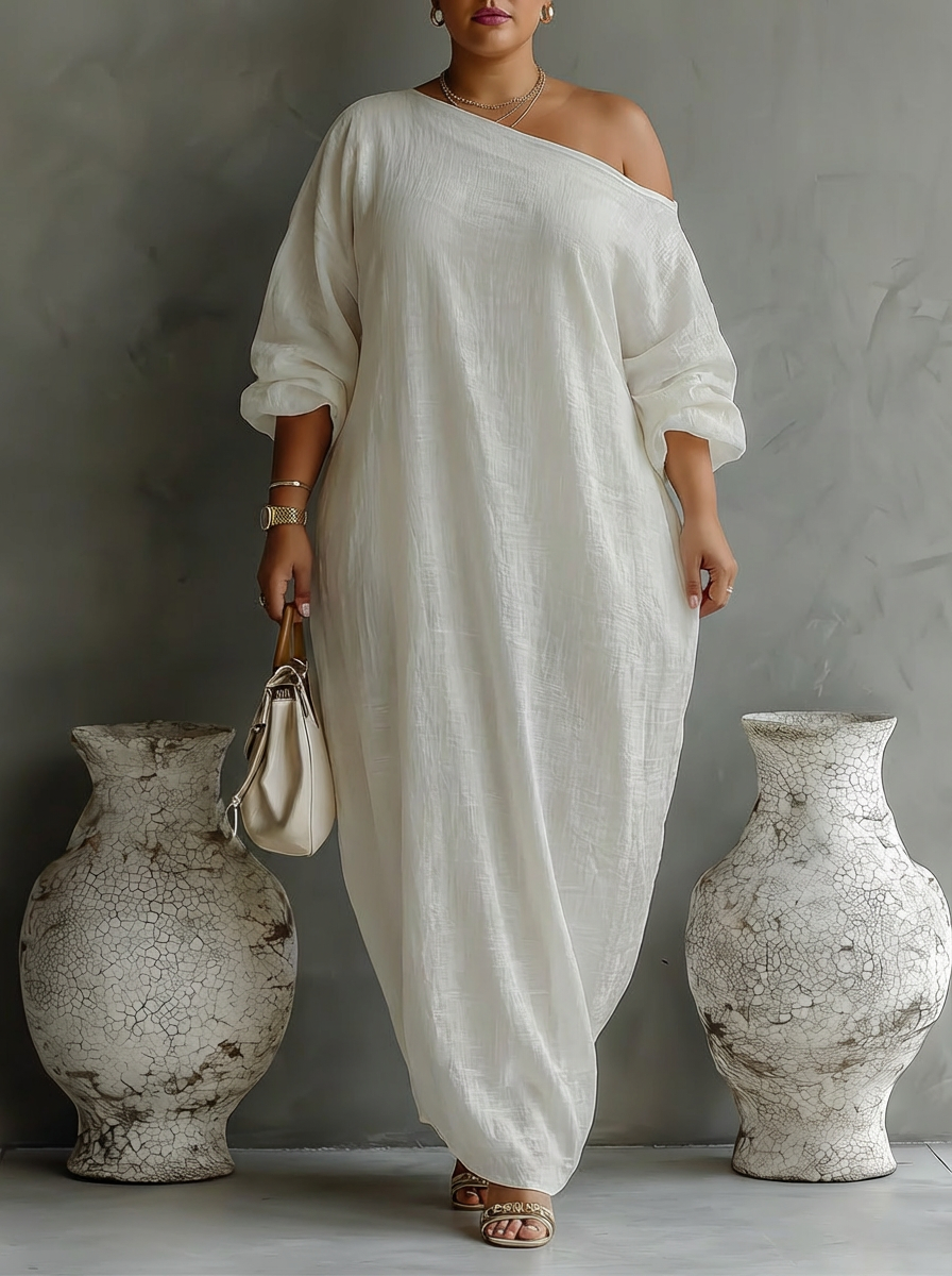Elegant Flowing Dress in Ivory White with Off-Shoulder - Plus size model