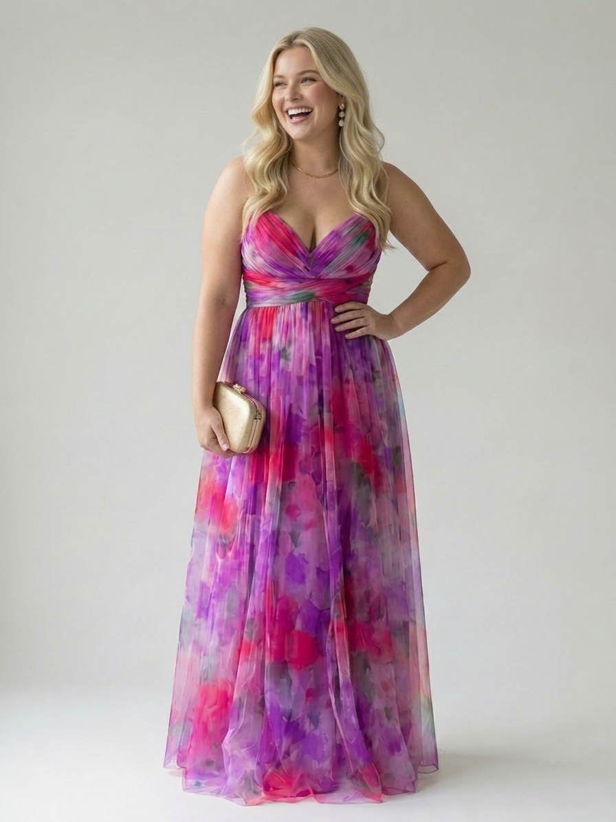 Giselle | Enchanted maxi dress with floral pattern - Plus size model