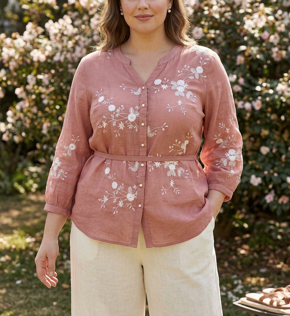 Mia - Pure Cotton Embroidered Shirt - Plus size model