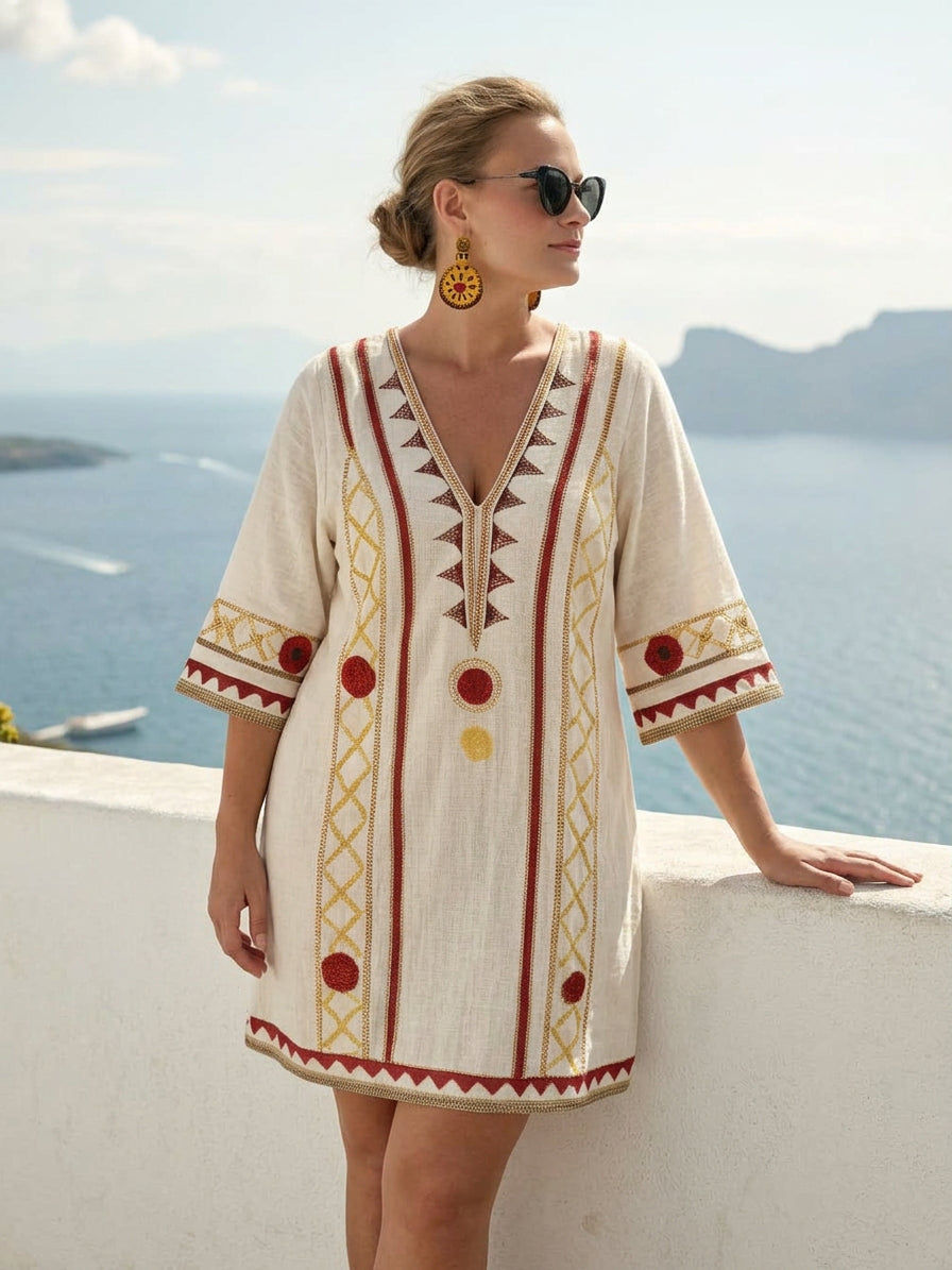 Seraya | Coastal Embroidered Mini Dress - Plus size model