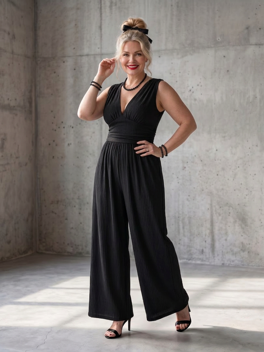 Vincenza | Deep V Waist Defined Wide Leg Jumpsuit - Plus size model