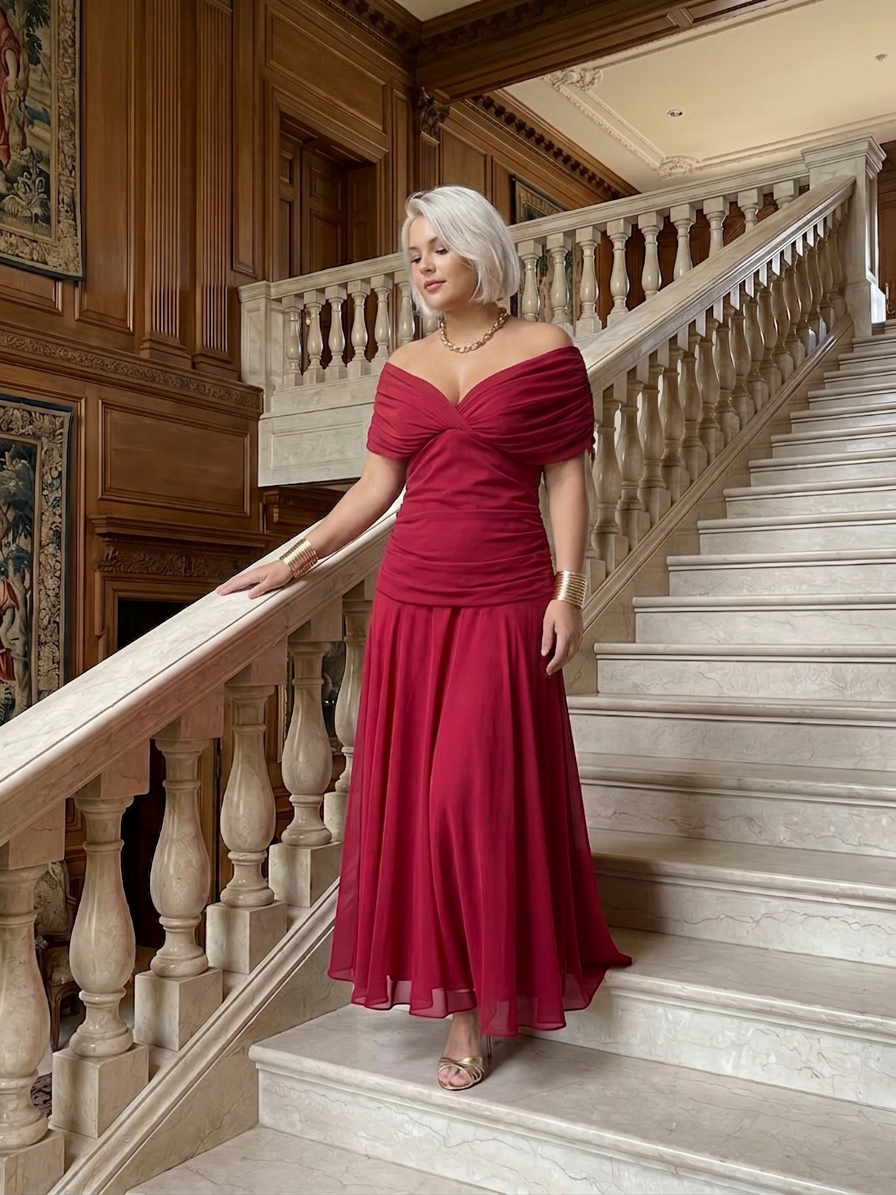 Calen | Off Shoulder Flow Midi Dress - Plus size model