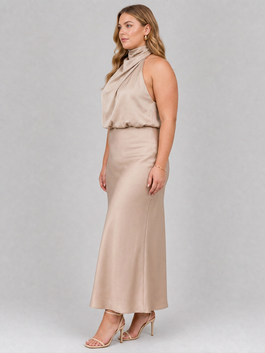 Nopal | Sleeveless Draped Neck Midi Dress - Plus size model