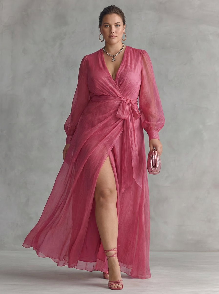 Elegant long pink chiffon dress with pearls and V-neck for women - Plus size model