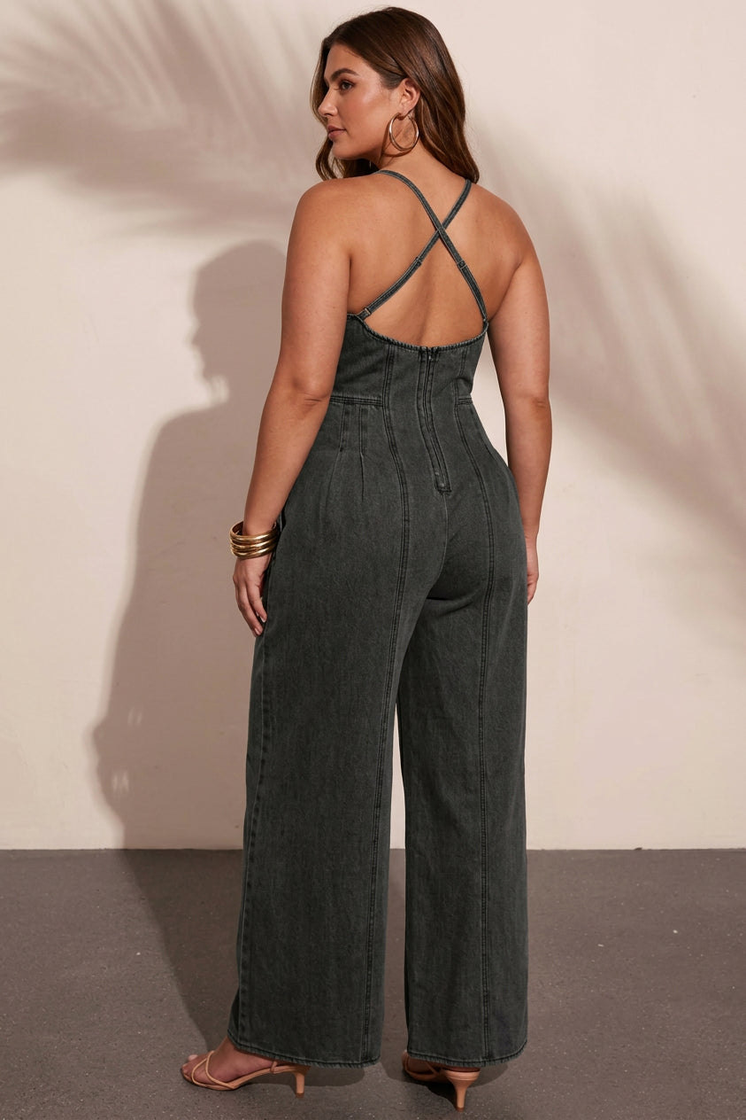 Alina - Vintage Washed Denim Halter Wide-Leg Jumpsuit - Plus size model