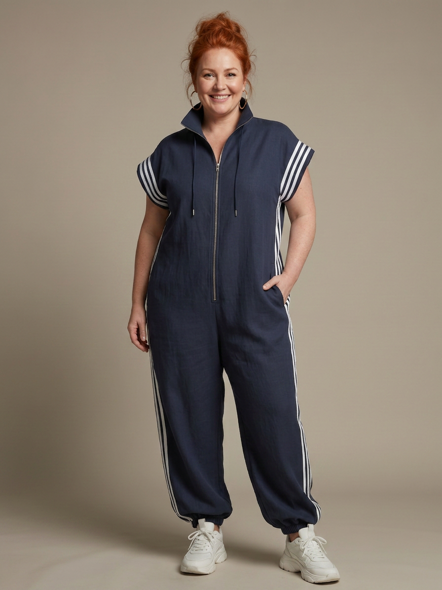 Lark | Zip Front Stripe Panel Jumpsuit - Plus size model