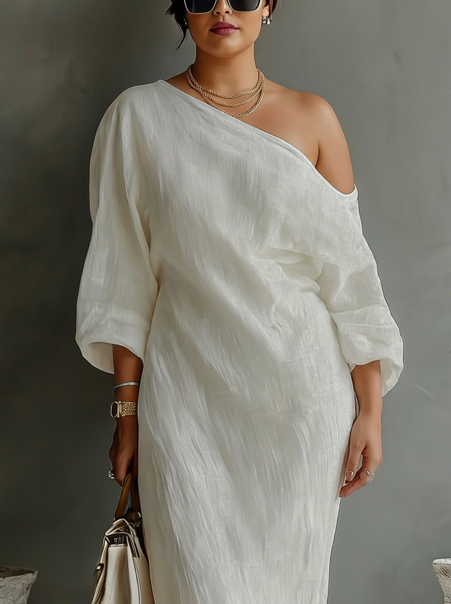 Elegant Flowing Dress in Ivory White with Off-Shoulder - Plus size model