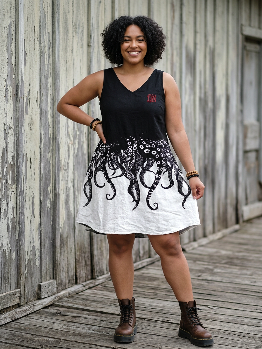 Madison - Octopus Tentacle Linen Dress - Plus size model