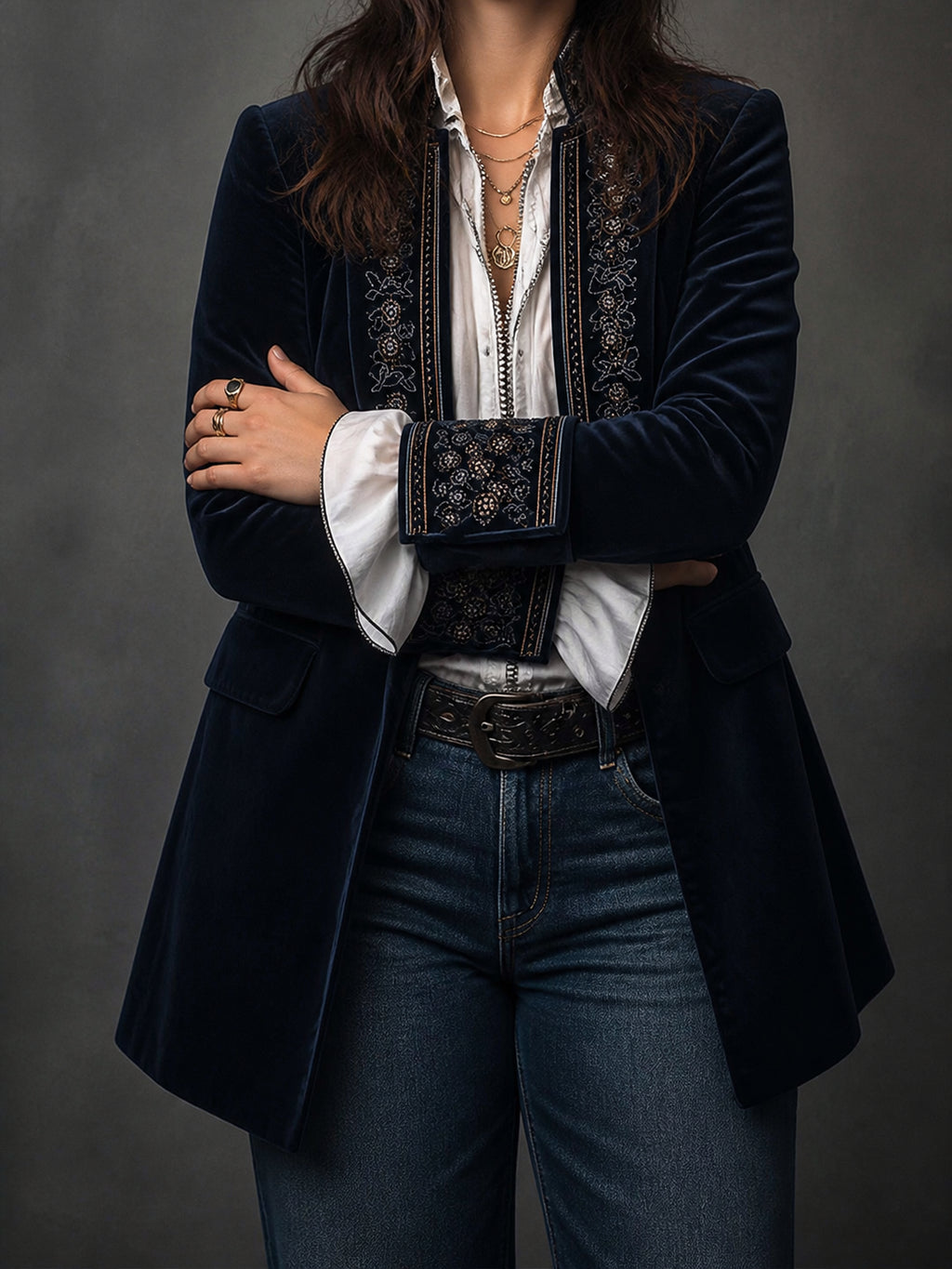 Women’s Vintage Navy Embroidered Longline Jacket - Plus size model