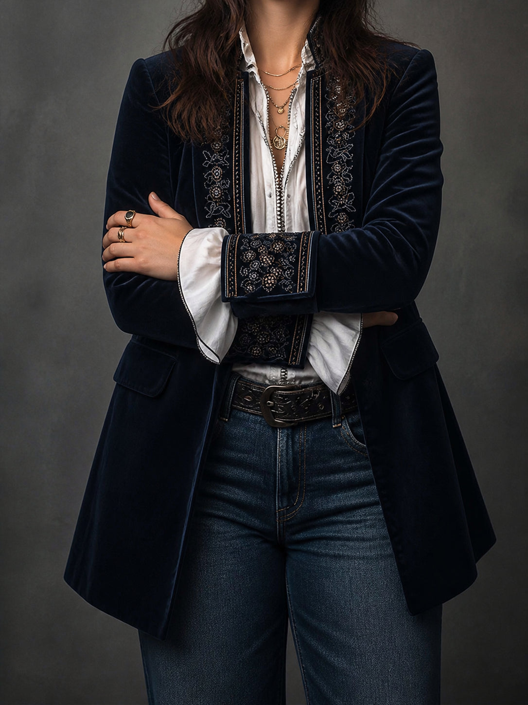Women’s Vintage Navy Embroidered Longline Jacket - Plus size model