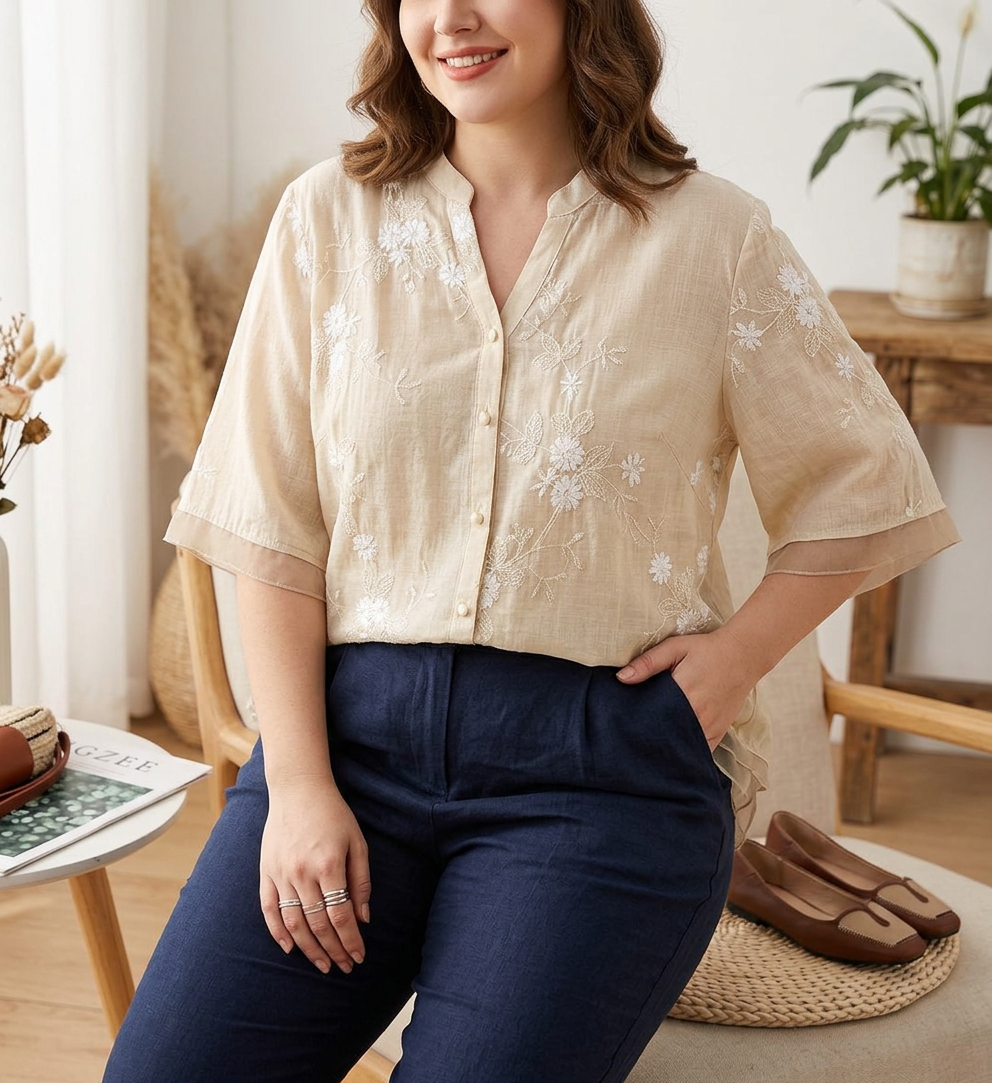 Mia - Pure Cotton Embroidered Shirt - Plus size model