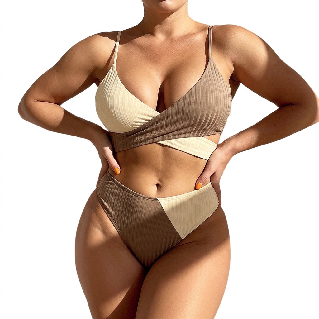 Colorblock Ribbed Cross-Wrap Bikini Set - Plus size model