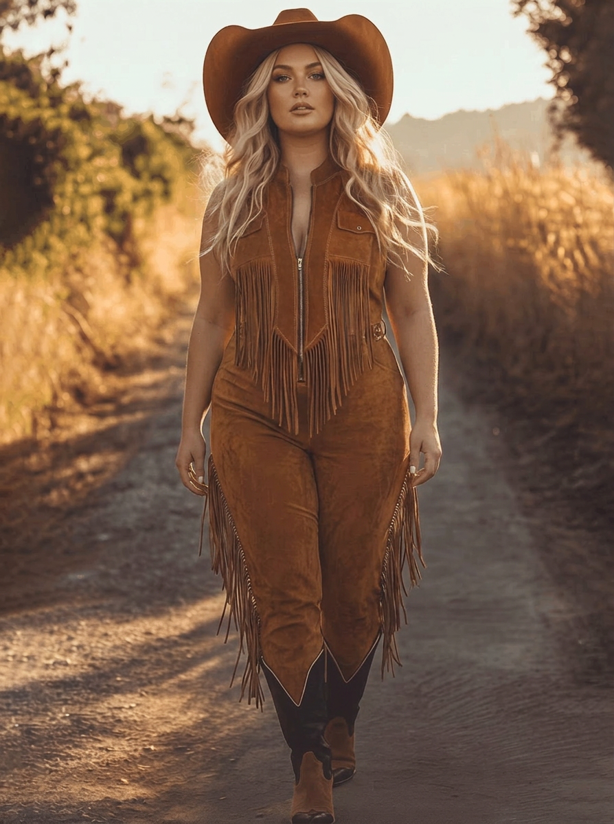 Brittany - Brown Suede Zip-Up Jumpsuit - Plus size model