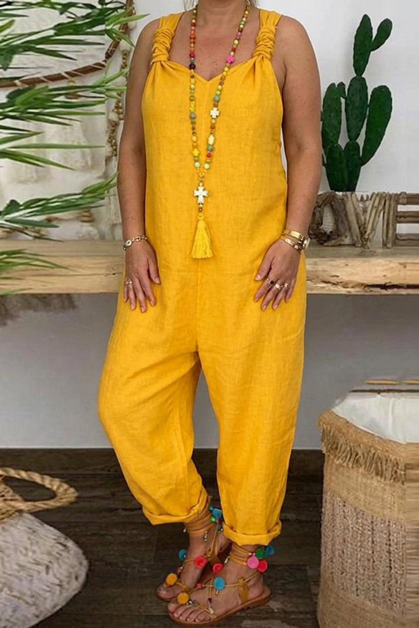 Carter - Solid Cross-back Cotton Linen Loose Jumpsuit - Plus size model