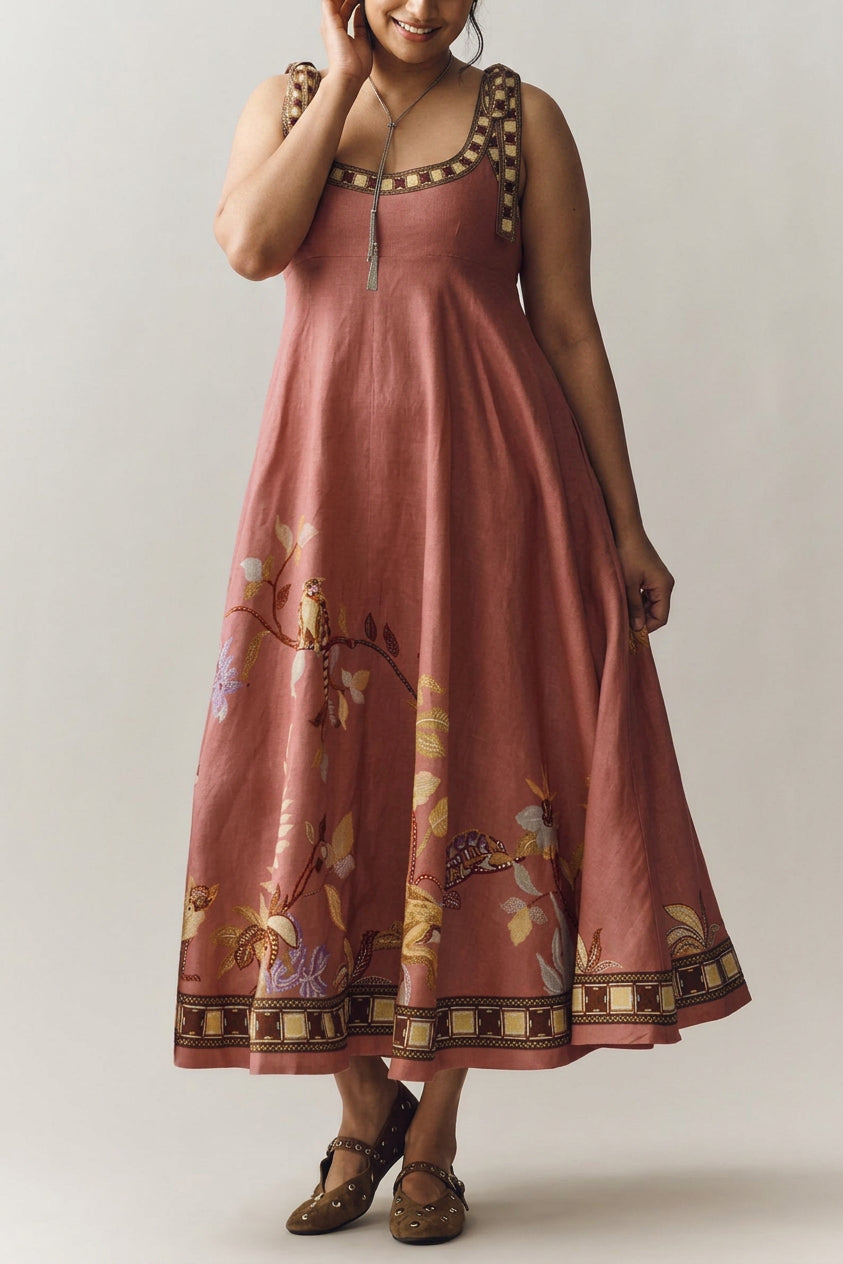 Monroe - Linen Blend Unique Printed Tie-up Suspenders Pocket Elegant Maxi Dress - Plus size model