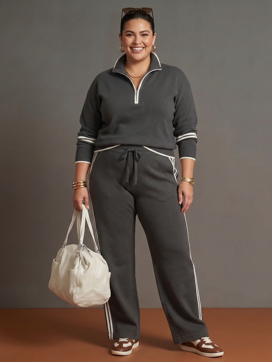 Rain | Zip Neck Long Sleeve Side Stripe Leg Pants Set - Plus size model