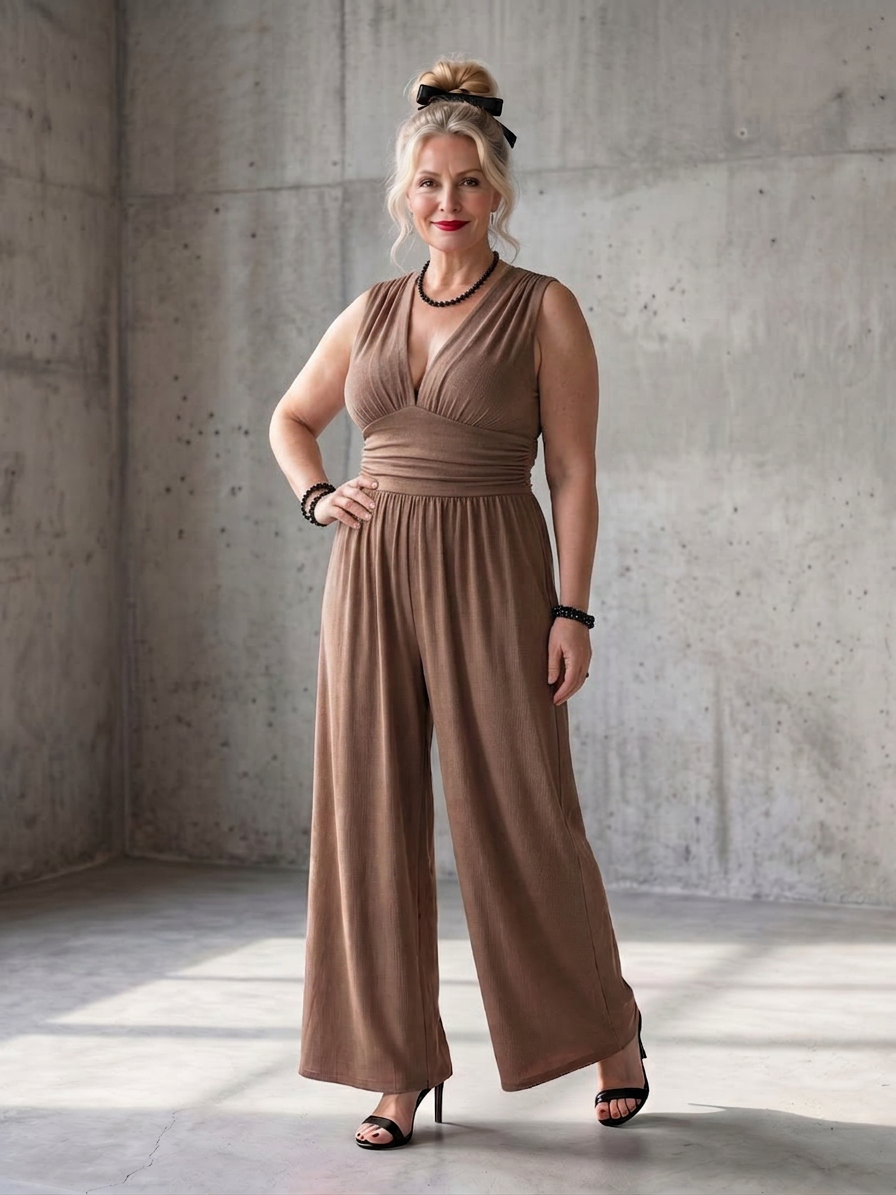 Vincenza | Deep V Waist Defined Wide Leg Jumpsuit - Plus size model