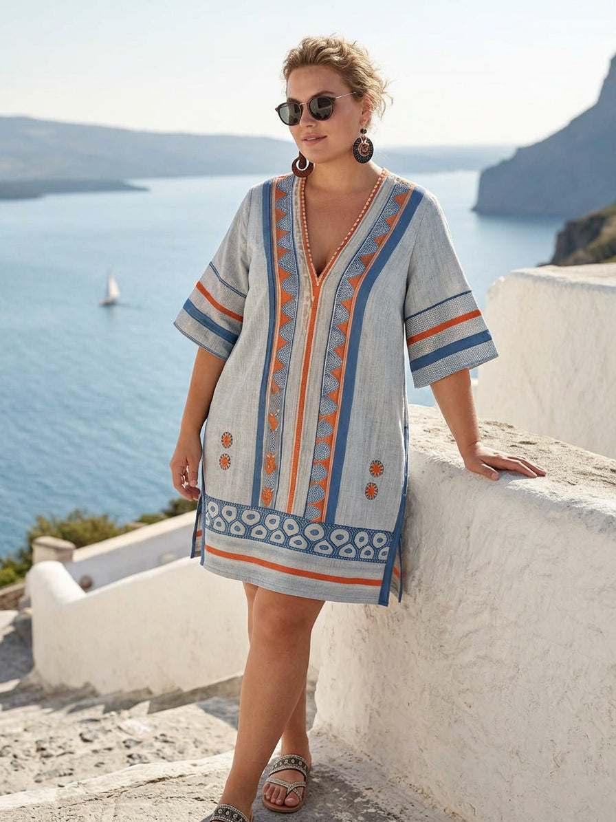 Calyra | Coastal Embroidered Stripe Mini Dress - Plus size model